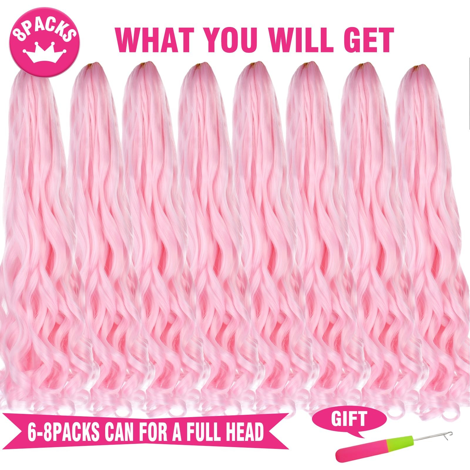 Union Beauty Pink French Curl Braiding Hair 22 Inch Curly 8 Packs Pre Stretched