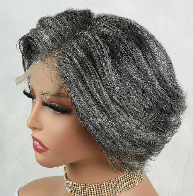 Short 100% Human Hair 4X4 Lace Front Silvery Gray Mix Grandma Natural Wigs Soft