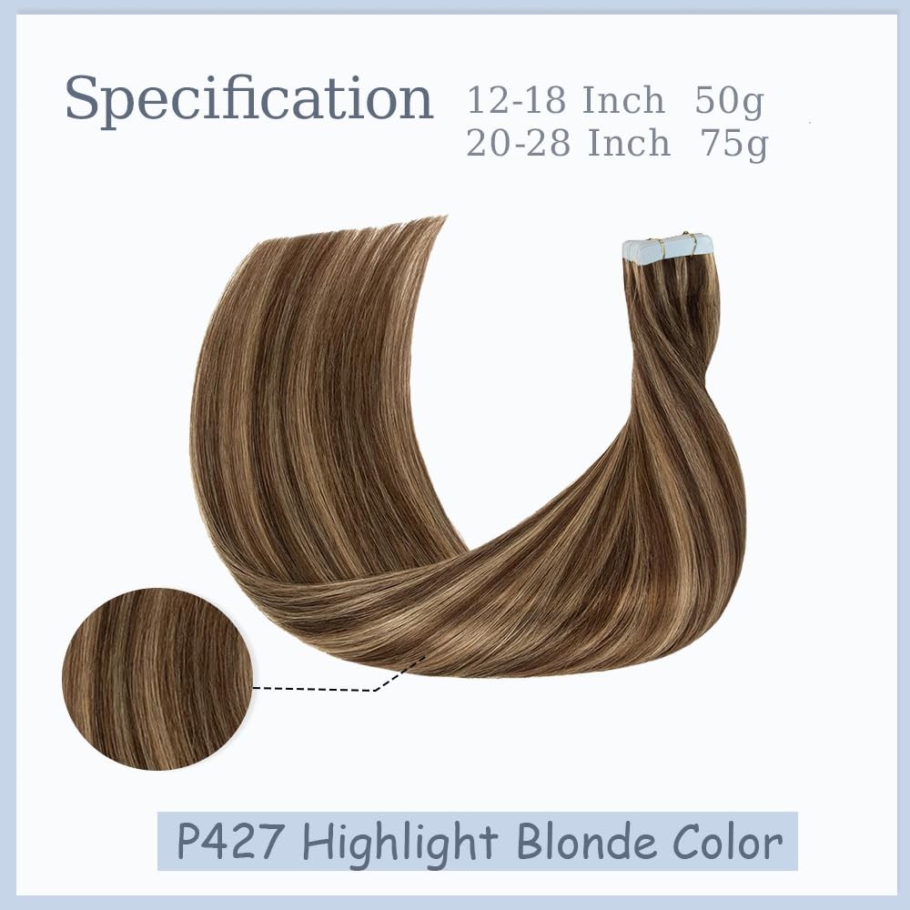 Meaqiiey P4/27 Highlight Blonde Tape In Extensions Human Hair 16 Inch Brown