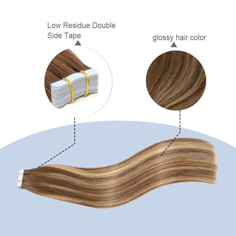 Meaqiiey P4/27 Highlight Blonde Tape In Extensions Human Hair 16 Inch Brown