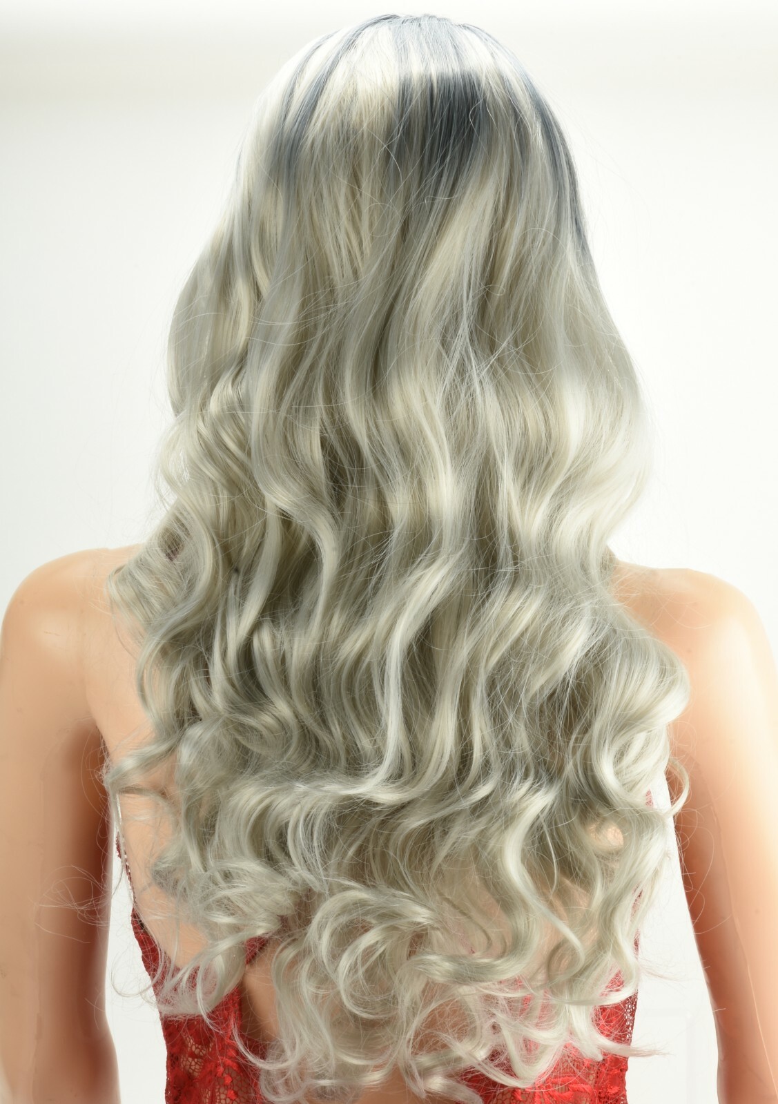 Women Lady Ash Gray Silver White Ombre Long Wavy Curly Blonde Wig Synthetic Hair