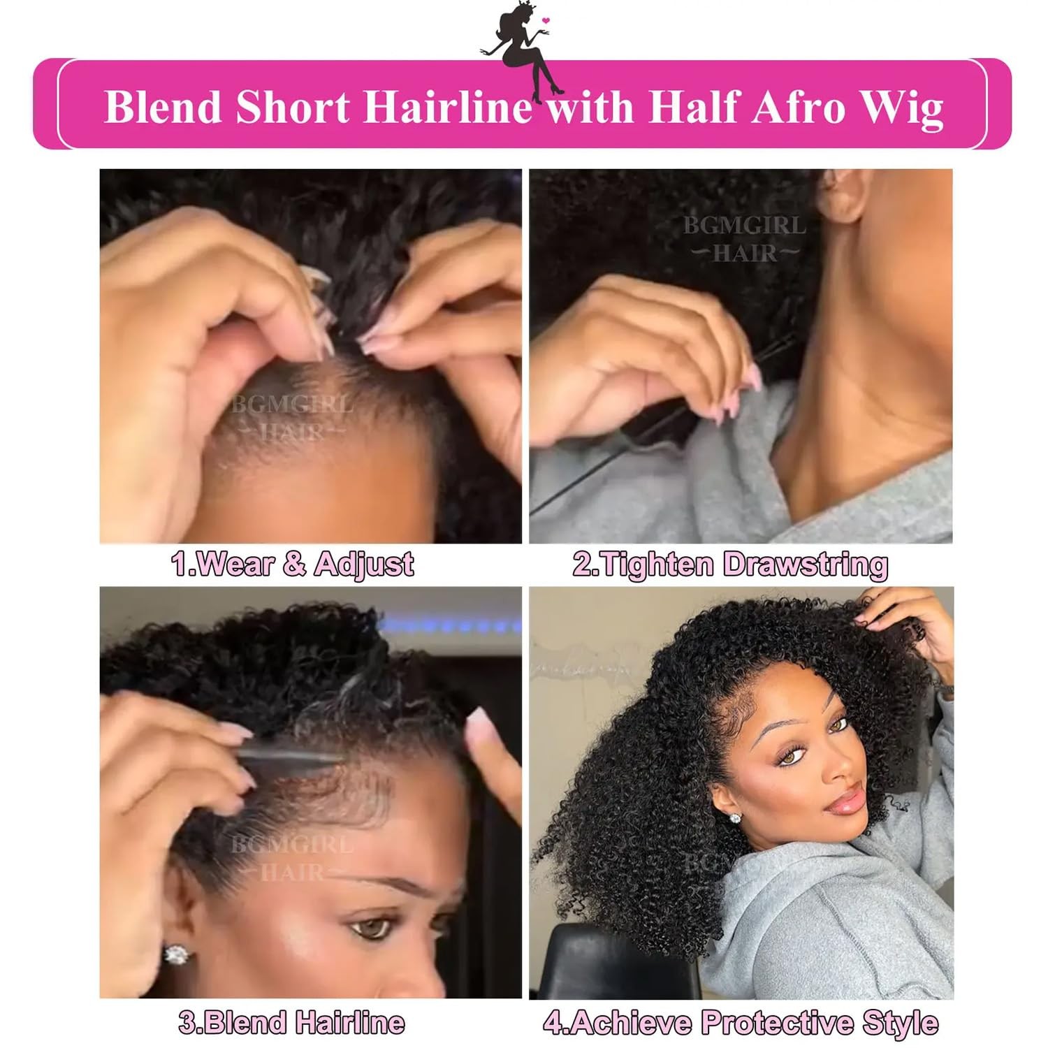 Bgm Girl Half Wig Human Hair Kinky Curly 3 In 1 Wigs Beginner Friendly Flip