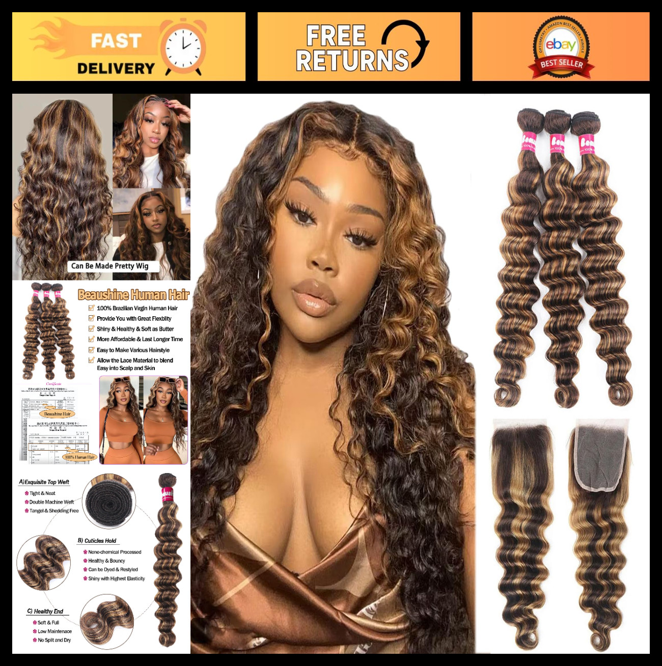 10A Raw Human Hair Bundles with 4×4 Lace Closure, Ombre Loose Deep Wave 20-24