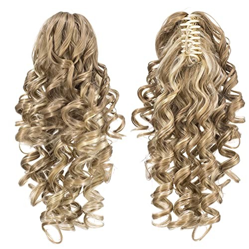 12-Inch Short Screw Curls Claw Clip Ponytail Beige/Blonde Mixed-24H613#