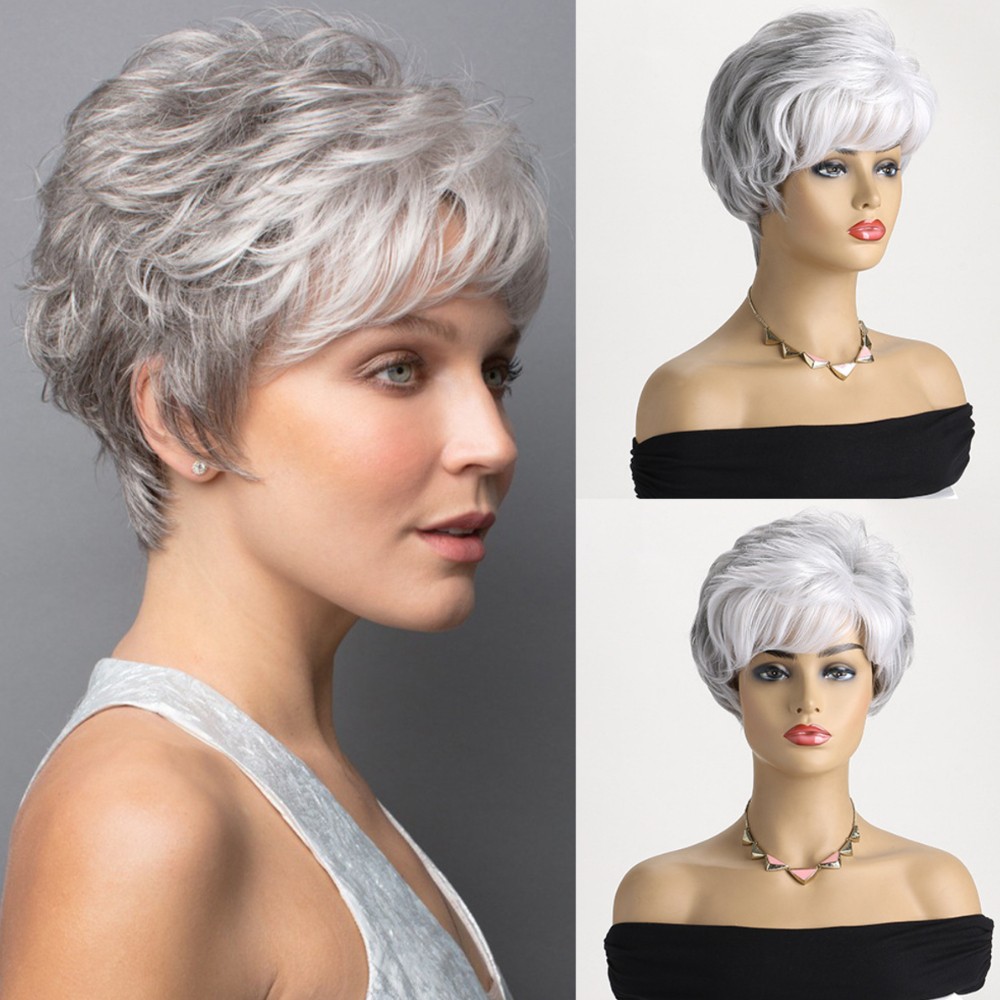 10in Silver Gray Ombre Short Wig for Women Heat Resistant Synthetic Full Party