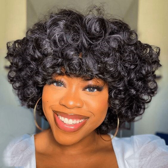 Human Hair Wigs With Bangs Full Machine Made Short Loose Curly Bob Wig For Women