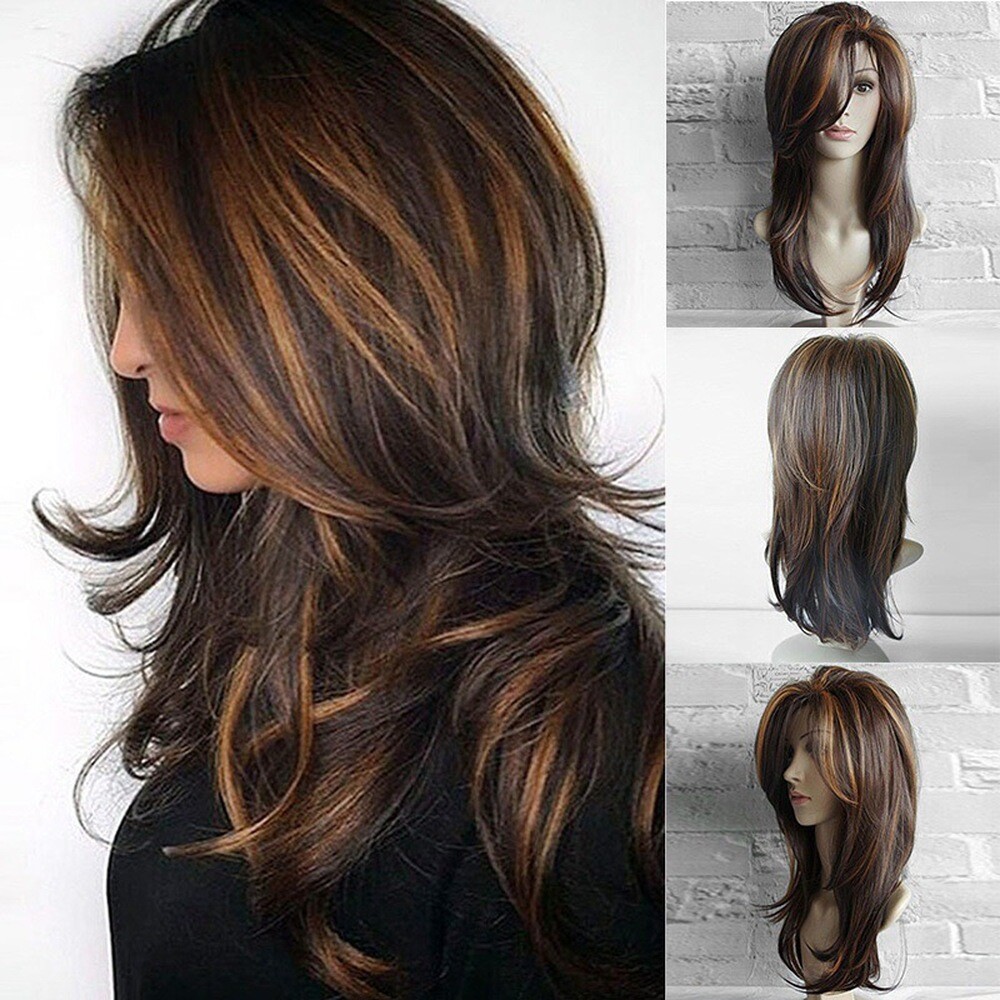 26in Long Brown Ombre Wavy Wig for Women Synthetic Heat Resistant Cosplay Party