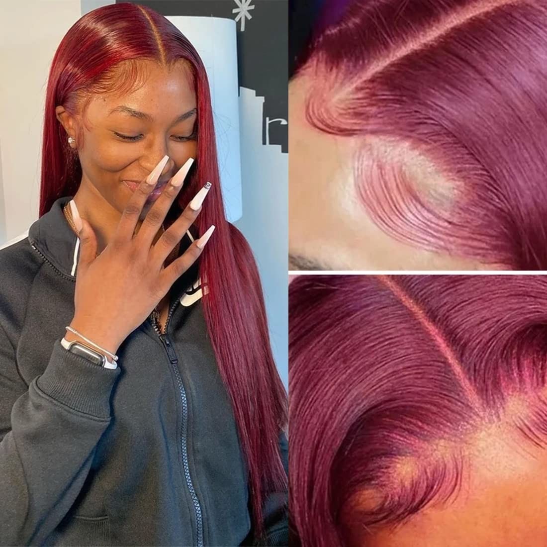 13×4 Burgundy Red Lace Front Human Hair Wig Straight 150% Density 22in 99J
