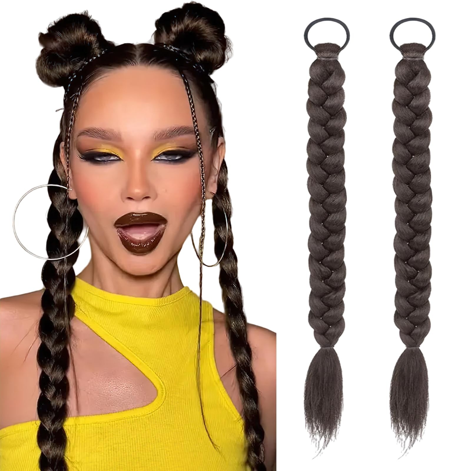 2Pcs Braided Ponytail Extensions with Hair Ties Soft Synthetic Hair Pieces St…