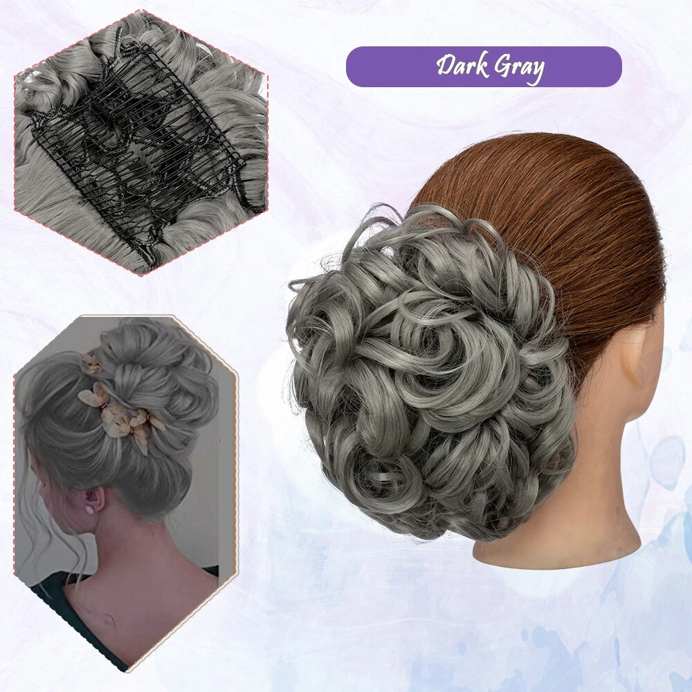 Gray Messy Curly Bun Clip Hair Extension Updo