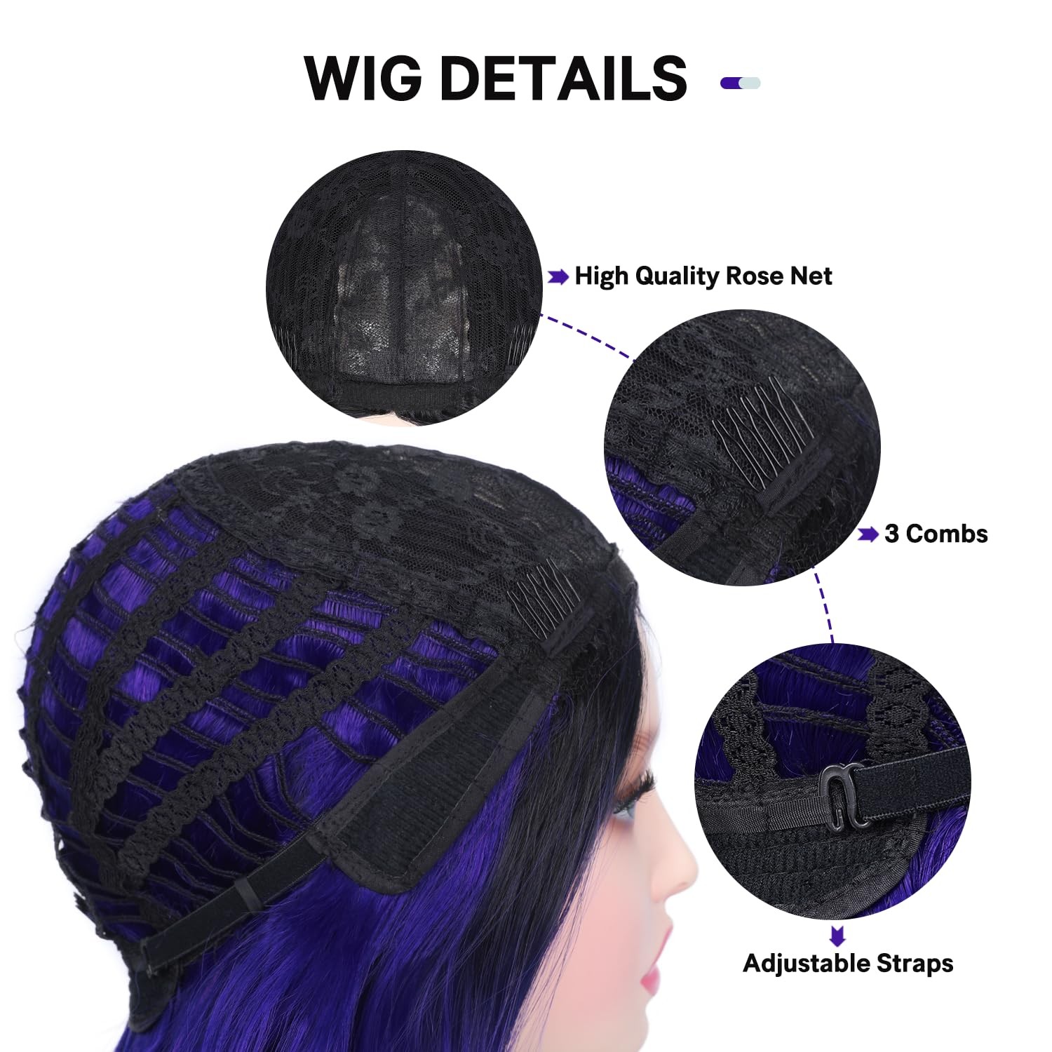 Long Wavy Wig – Black to Blue to Purple Ombre Color, Curly, Rainbow, Middle P…