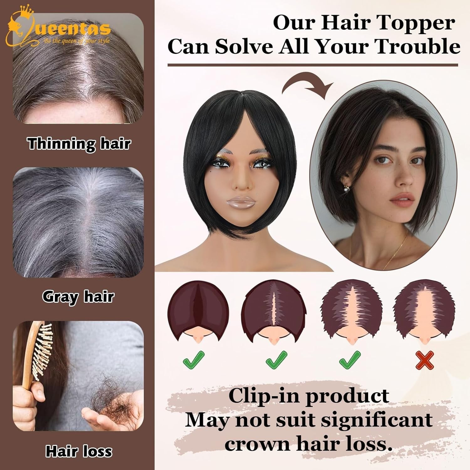 QUEENTAS Black Hair Topper for Women with Thinning Hair Pieces 5.7″*5.7″Large Co