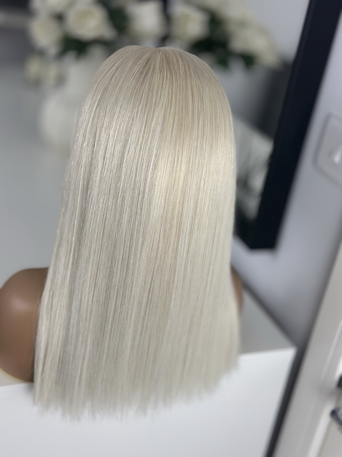 White Platinum Blonde #60 Lace 16” 180% Long Bob 100% Human straight Hair Wig