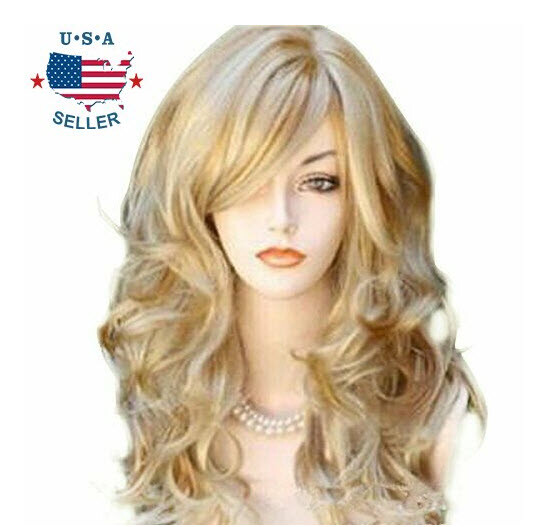 Womens 23″ Blond Heat Resistant Long Volume Curly Wavy Hair Full Wig@Cap@