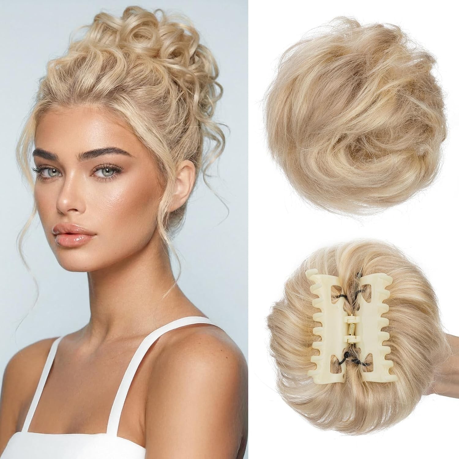 Blonde Highlight Curly Human Hair Messy Bun Extension Clip In Hairpiece 7E065096