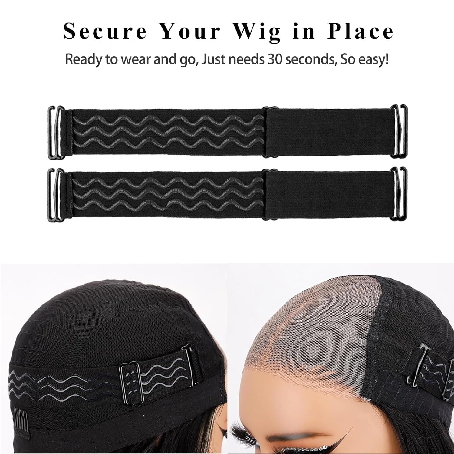 2Pcs Adjustable Elastic Wig Band with Non-Slip Silicone Strips & Removable Buckl