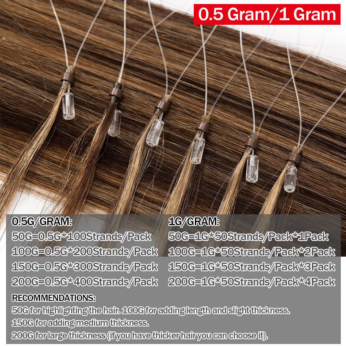 Micro Ring Loop Beads Tip Remy Human Hair Extensions Thick Full Head Black Brown