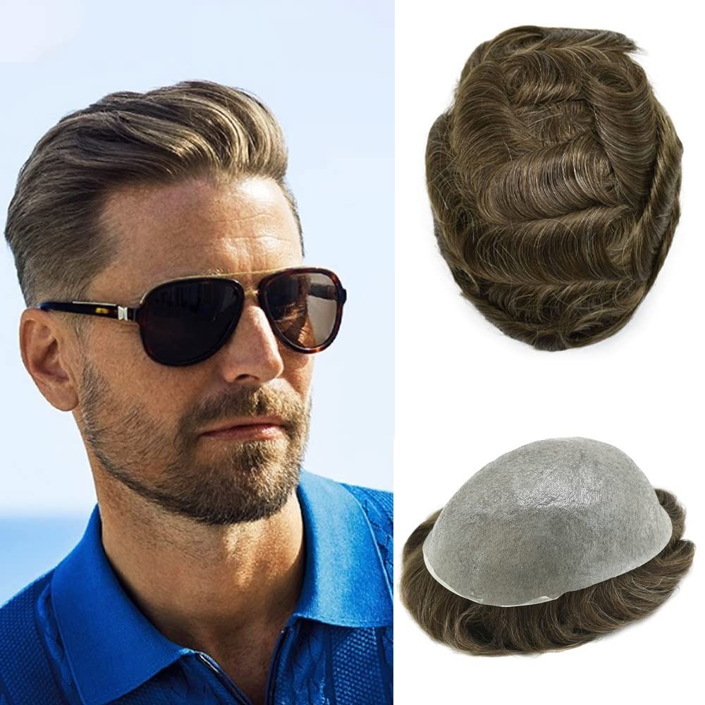 Mens Toupee Ultra Thin Skin Hair Replacement System Invisible V-Loop Hair Piece