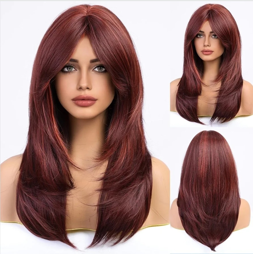 Wig – Human Hair Blend – Straight Layered Red Wine Auburn Bangs