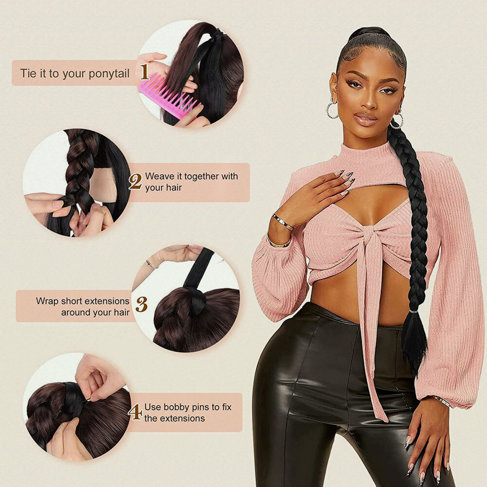 34″ Long Braided Ponytail Extensions Real As Human Hair Straight Hair Pony tail