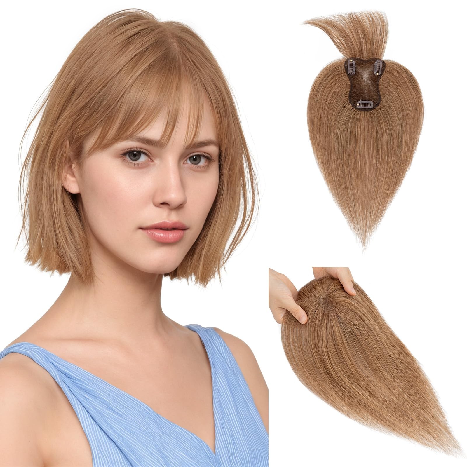 Hairro Human Hair Toppers Bangs 360 3D Coverage Clip In 3.15X4.33 Breathable