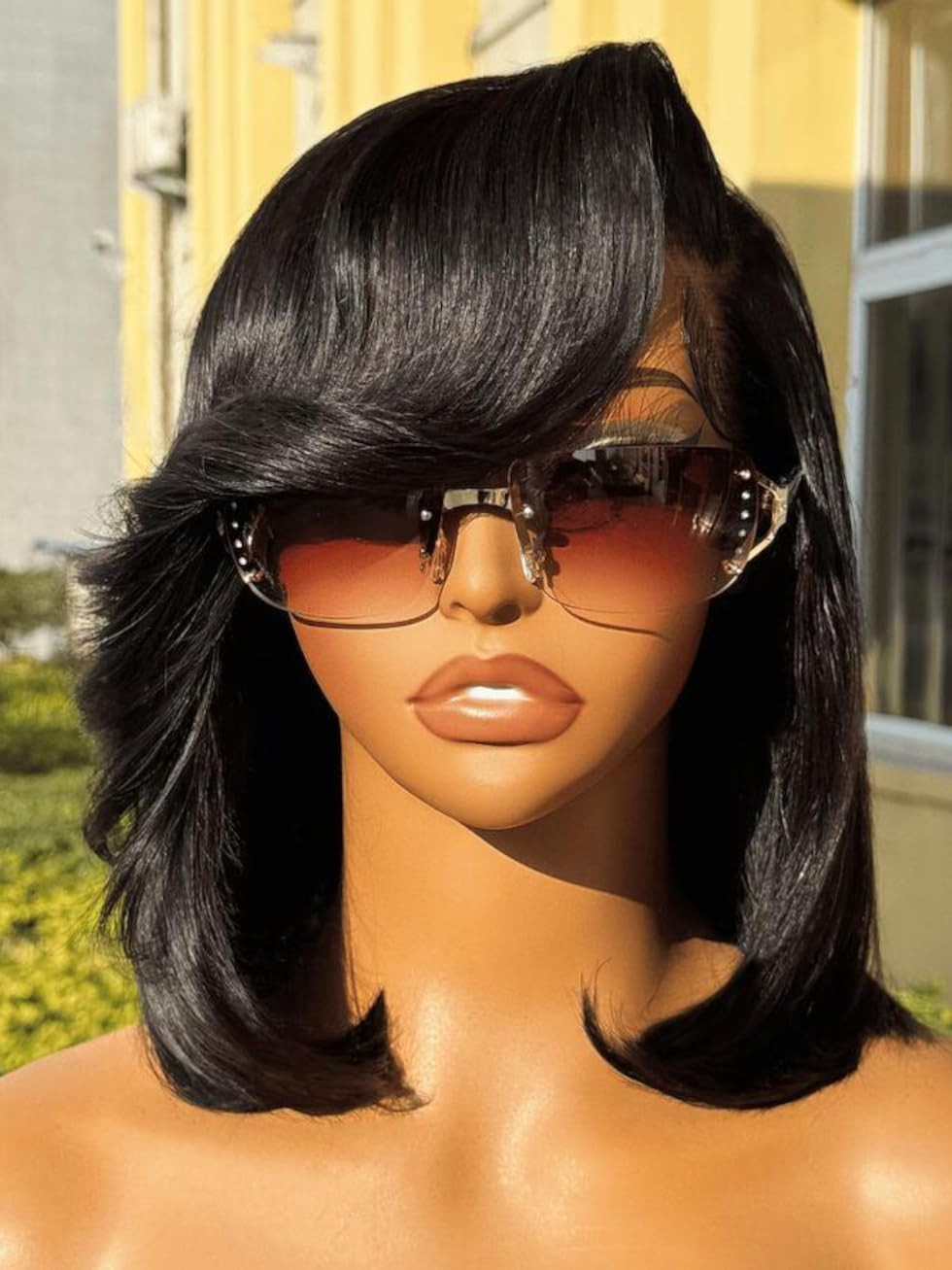 12 inches Short Bob Wig human Hair with Blow Out Bangs 4X4 Lace Glueless Wigs…