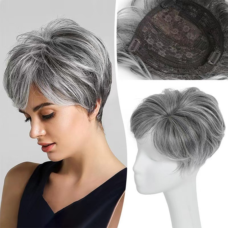Women Synthetic Hair Topper Short Curly Wiglet Clip In Crown Gray Black New