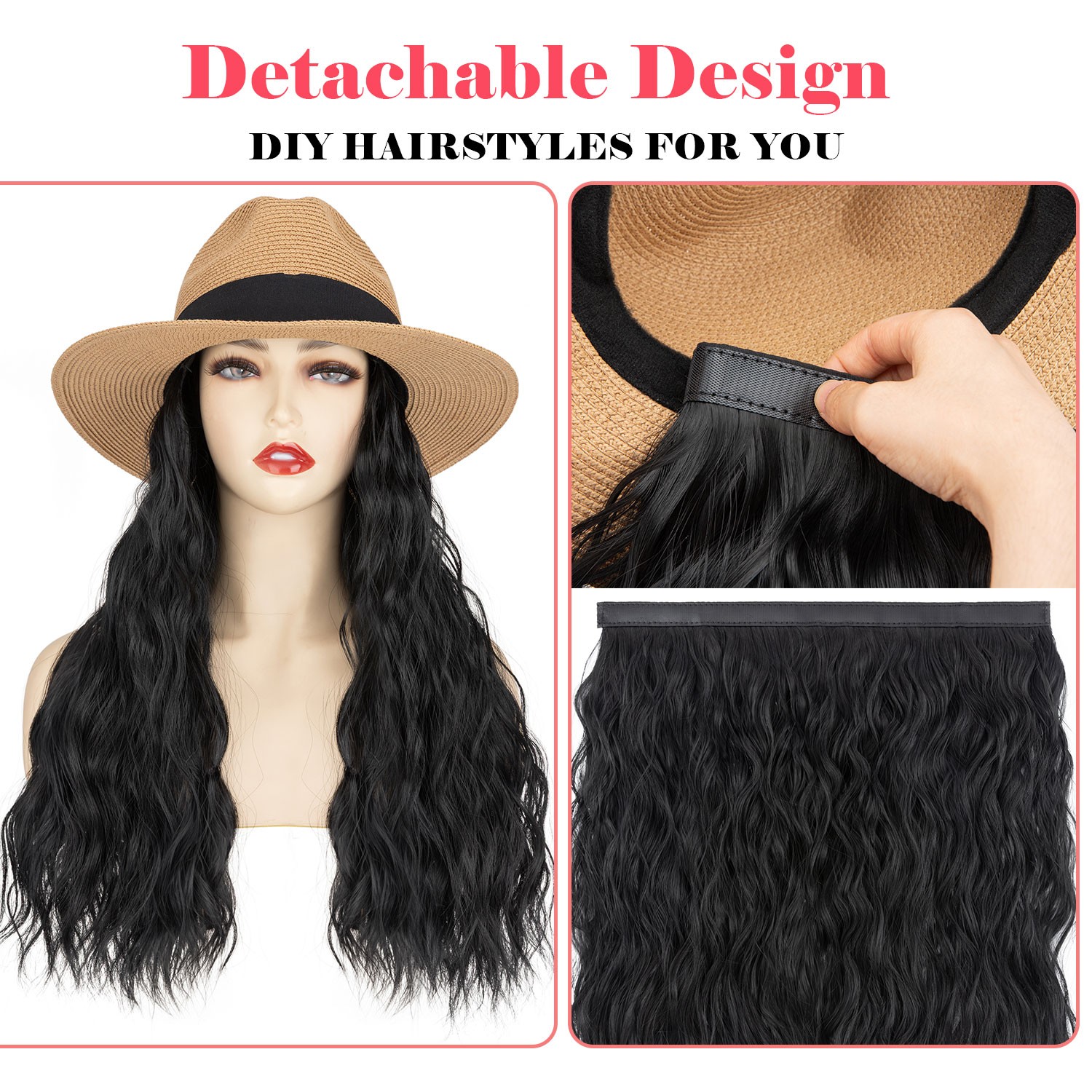 Cap with Hair Attached For Women Wigs Sun Hat with Hair Long Wavy Hair Synthetic