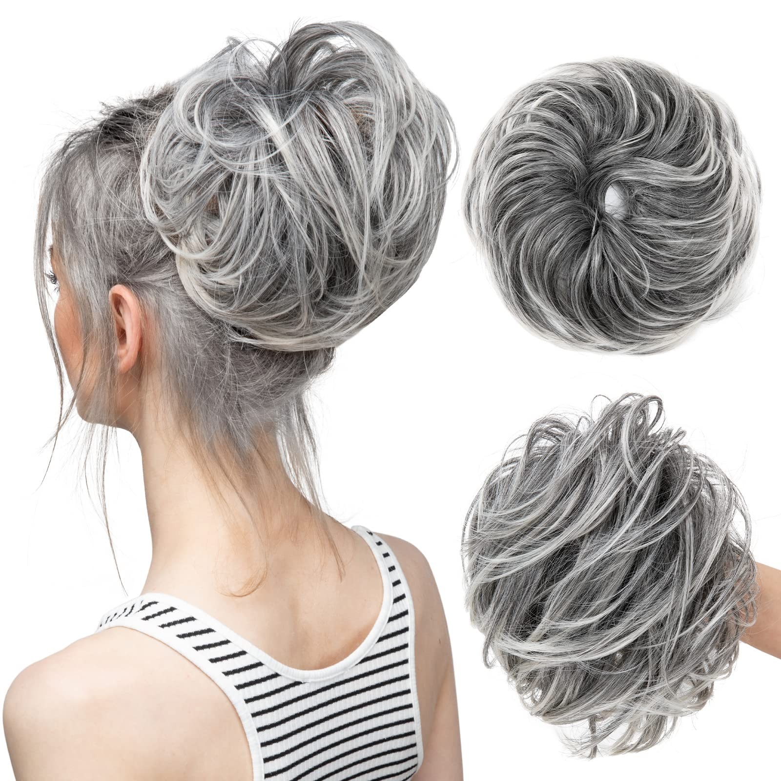 CJL HAIR Large Messy Bun Hair Piece Wavy Curly Straight, S-Salt and Pepper