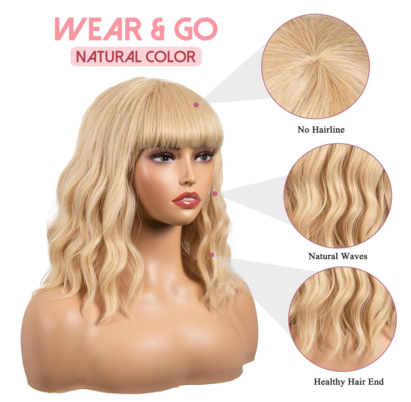 Short Wavy Bob Wigs With Bangs – 12 Inch Synthetic Wigs Blonde Glueless Bob Wigs