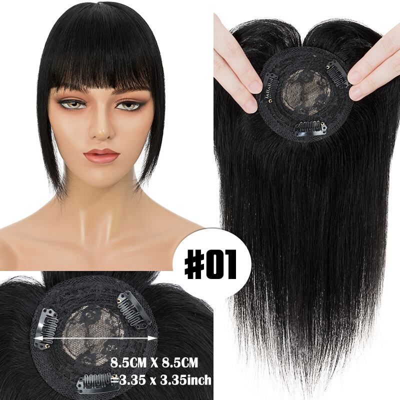 Clip In Remy Human Hair Piece Topper Women Toupee w/Bangs Hairpiece Middle Part