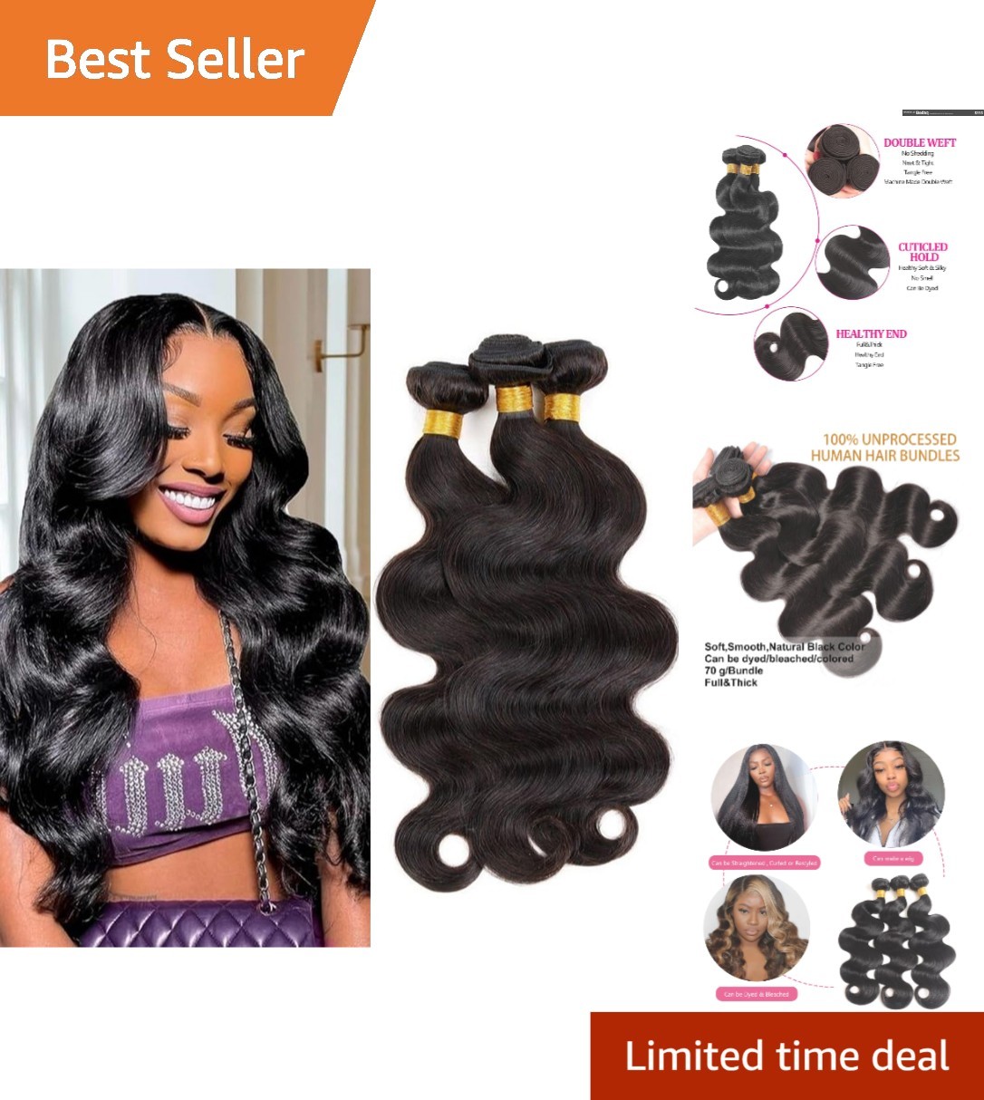 Elegant Body Wave Hair Extensions – 3 Bundles of 100% Brazilian Hair, 14-18 Inch