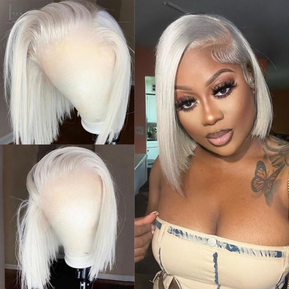 #60 Silver Grey White Platinum Blonde Bob Lace Frontal Wigs for Women Party