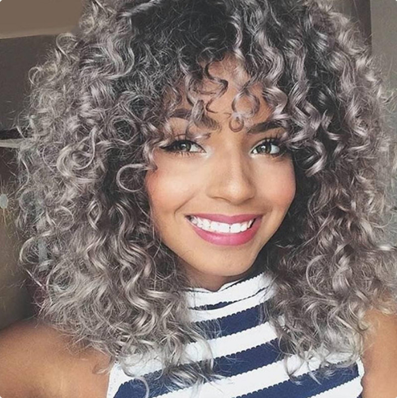 Short Black Grey Afro Curly Wave Synthetic Wig Heat Resistant Fashion Natural