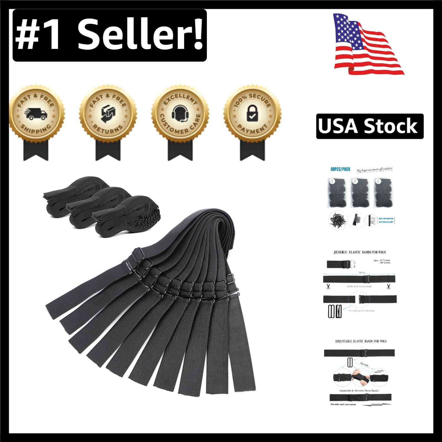 High Stretch Adjustable Wig Bands – 40pcs of Black Quality Elastic Straps