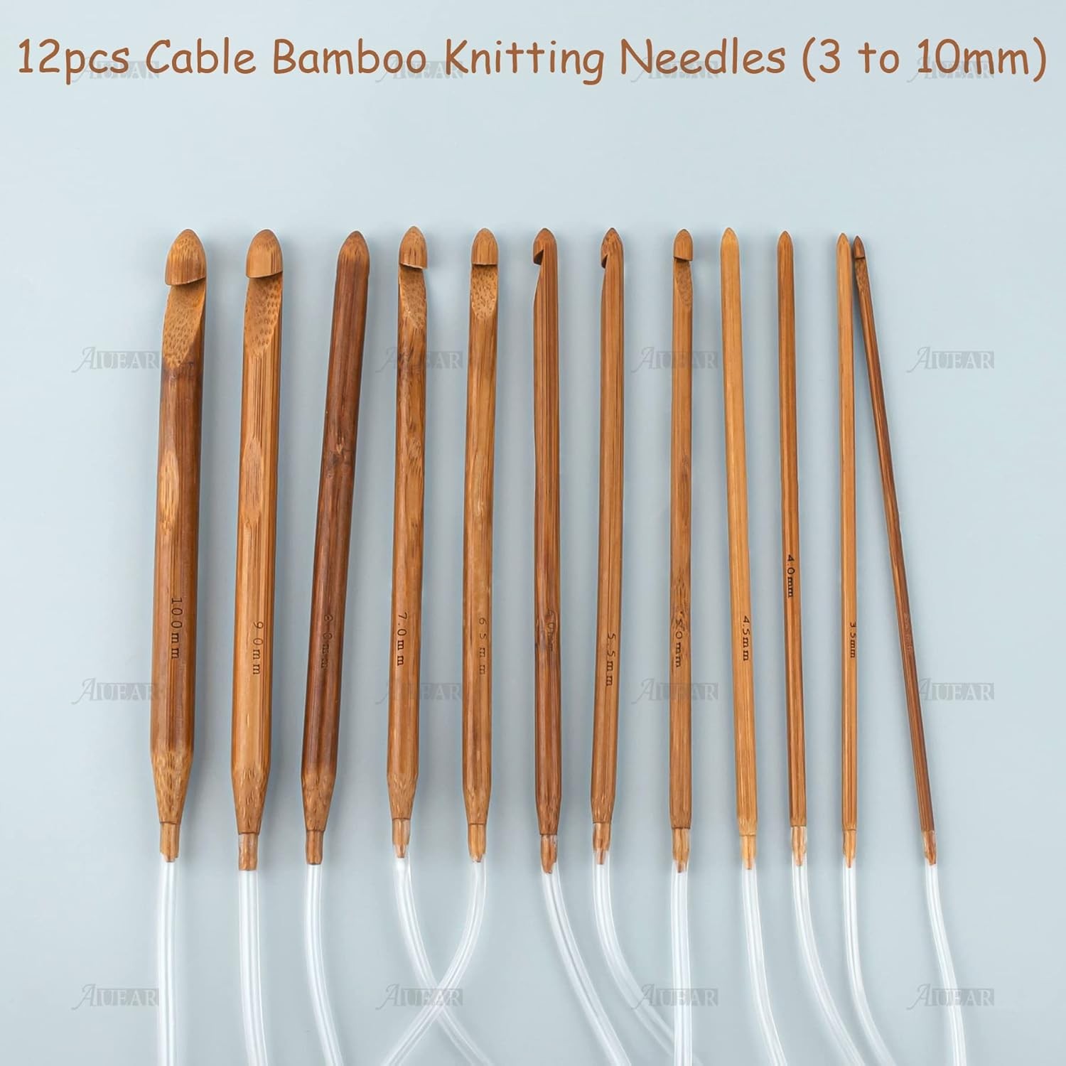 AUEAR, Set of 12 Size Bamboo Knitting Needles Tunisian 3.0~10.0mm, Clear