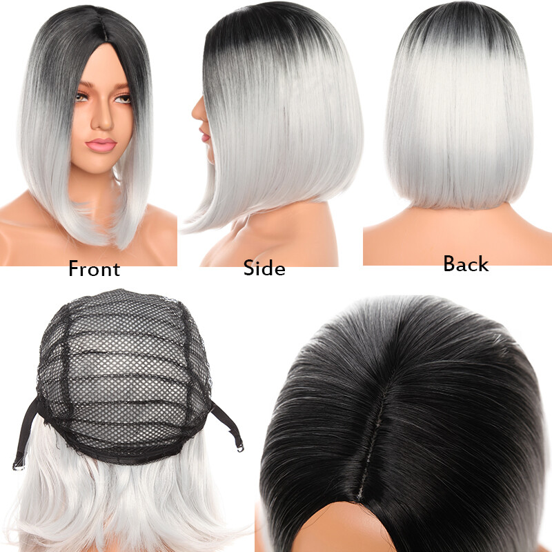 Full Synthetic Ombre Gray Linen Hair Straight Women Wigs with Rose net 12″ Long