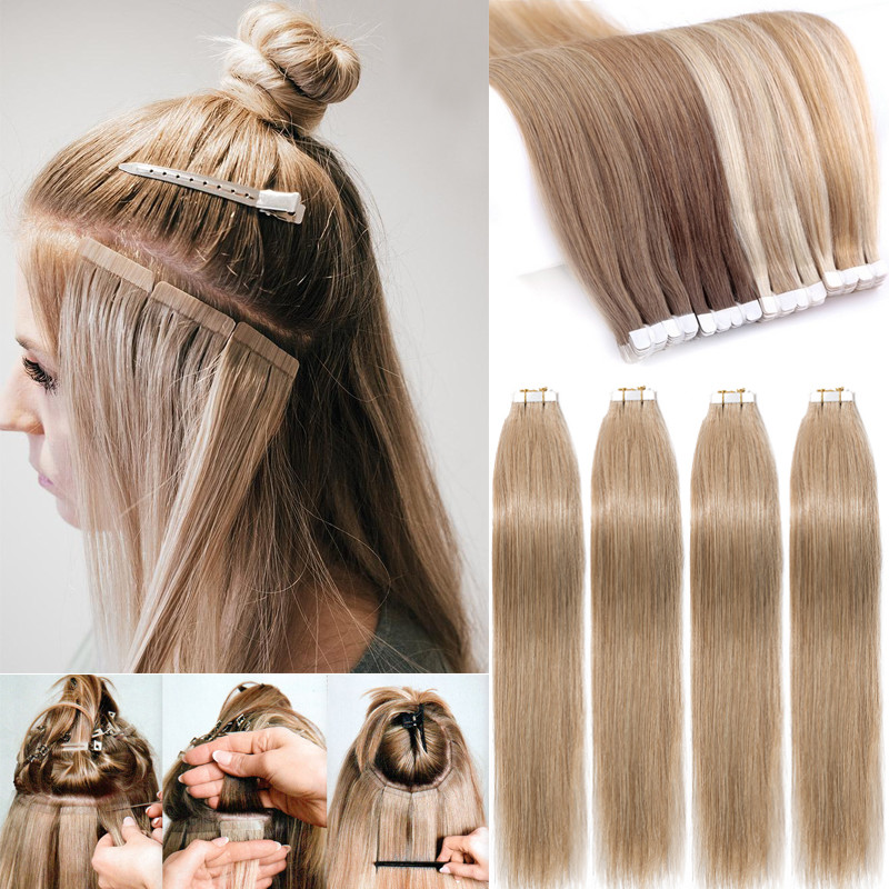 8A 150g Remy Tape In Glue 100% Real Human Hair Extensions Full Head Skin Weft US