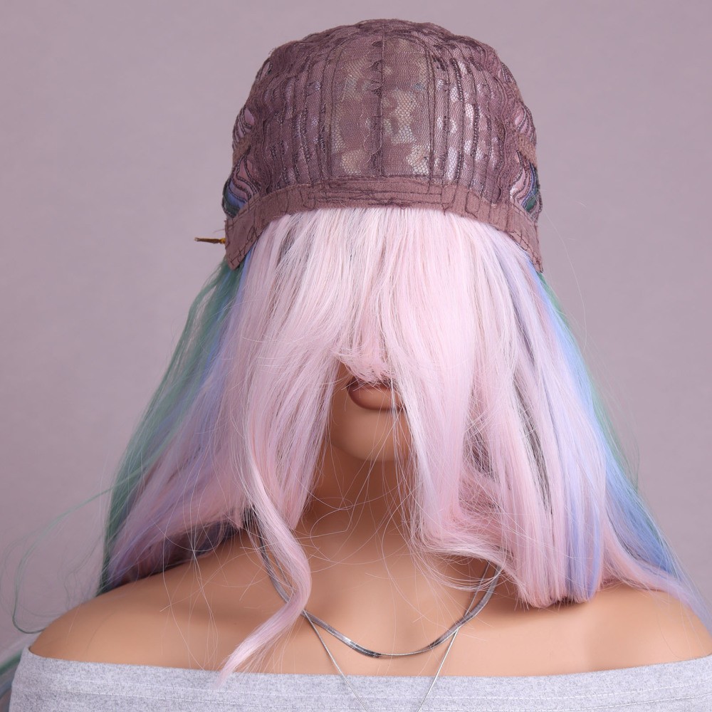 26in Women’s Elegant Gradient Pink Wig,Rose Net with Bangs,Long Wavy Curly Hair