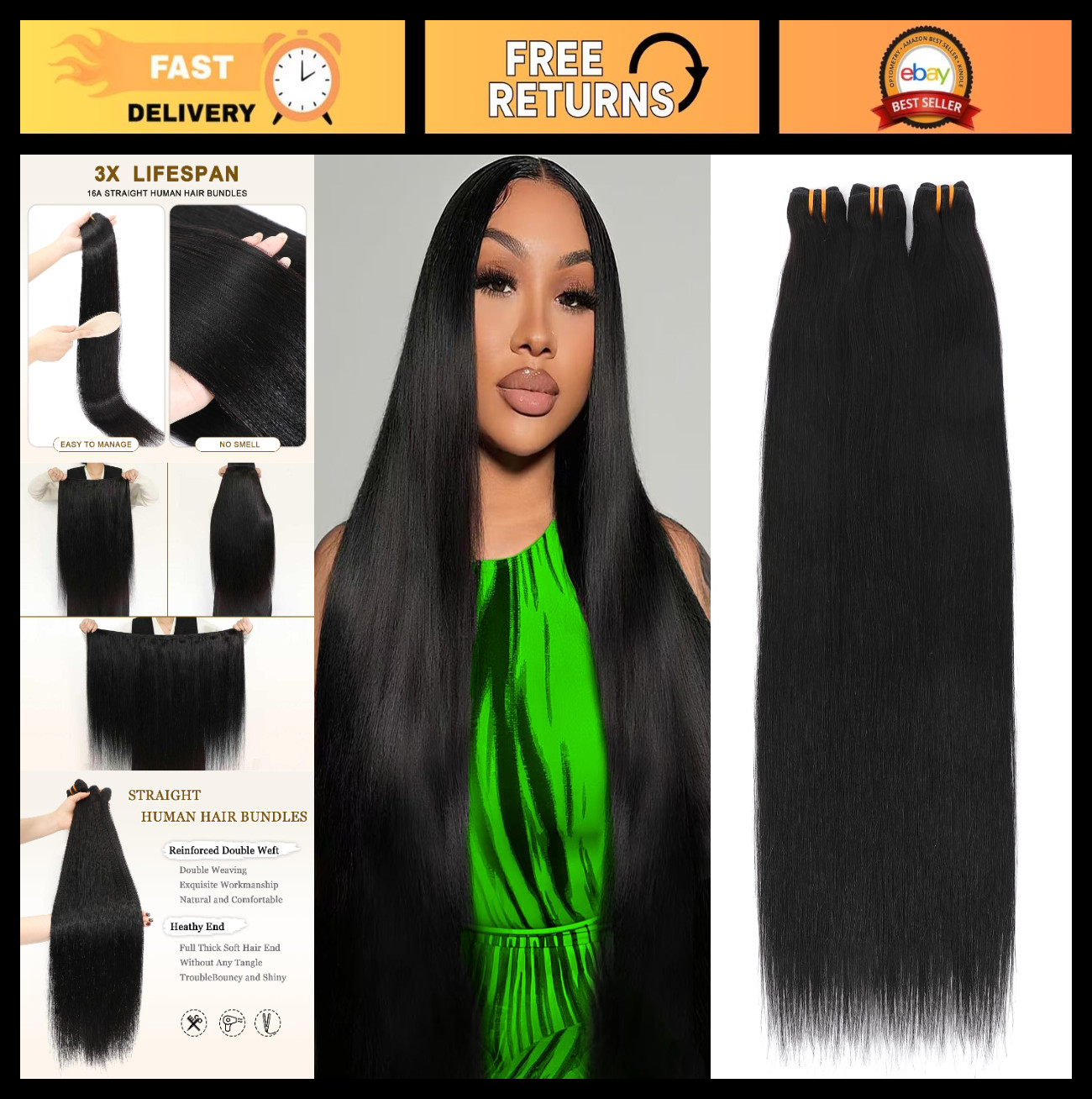 16A Raw Straight Human Hair Bundles 22 24 26 Inch, Virgin Remy, No Tangle, 3 Pac