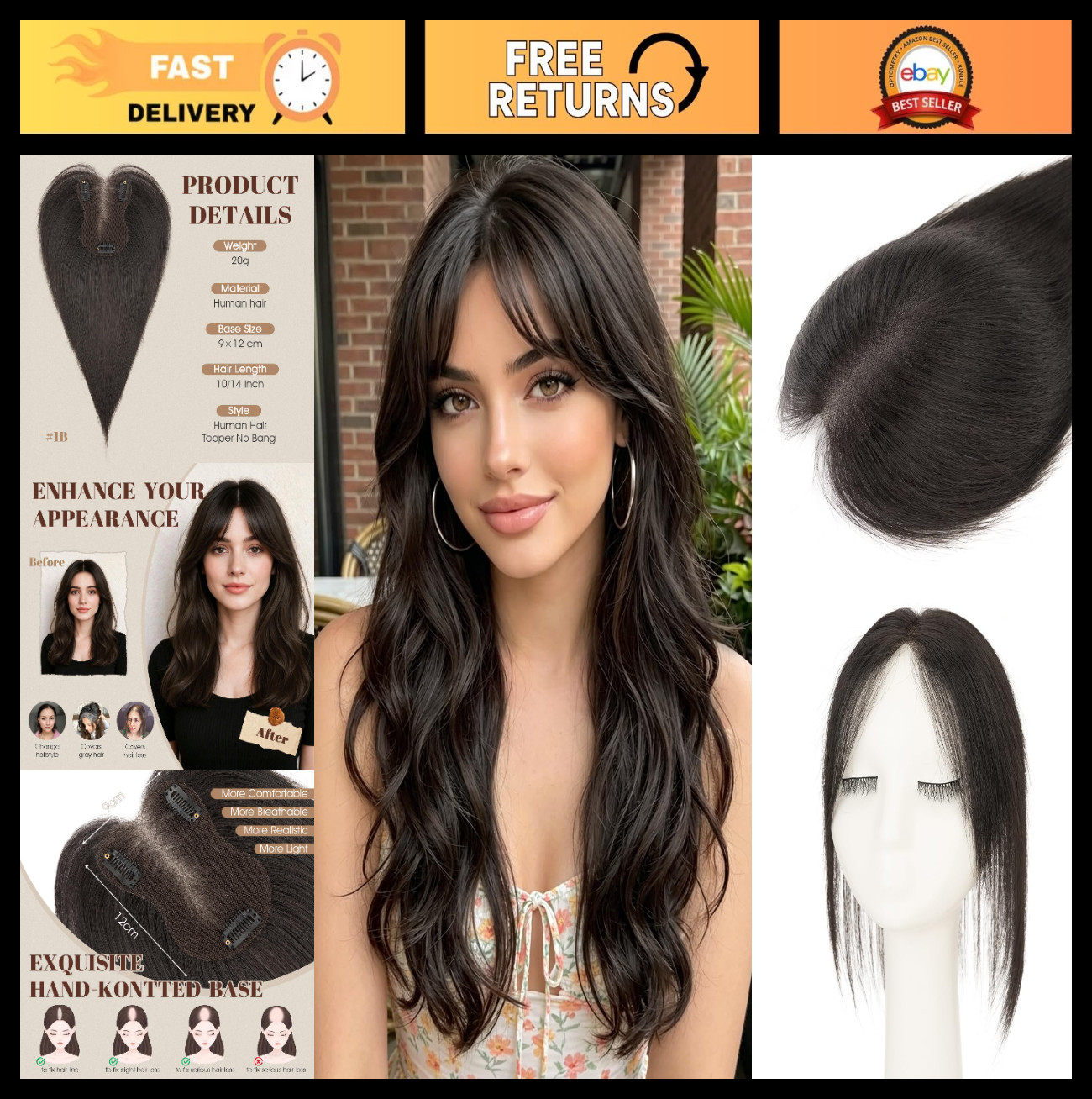 12 Inch Human Hair Topper – Ultra Thin Clip-In Crown Piece for Thinning Gray Hai