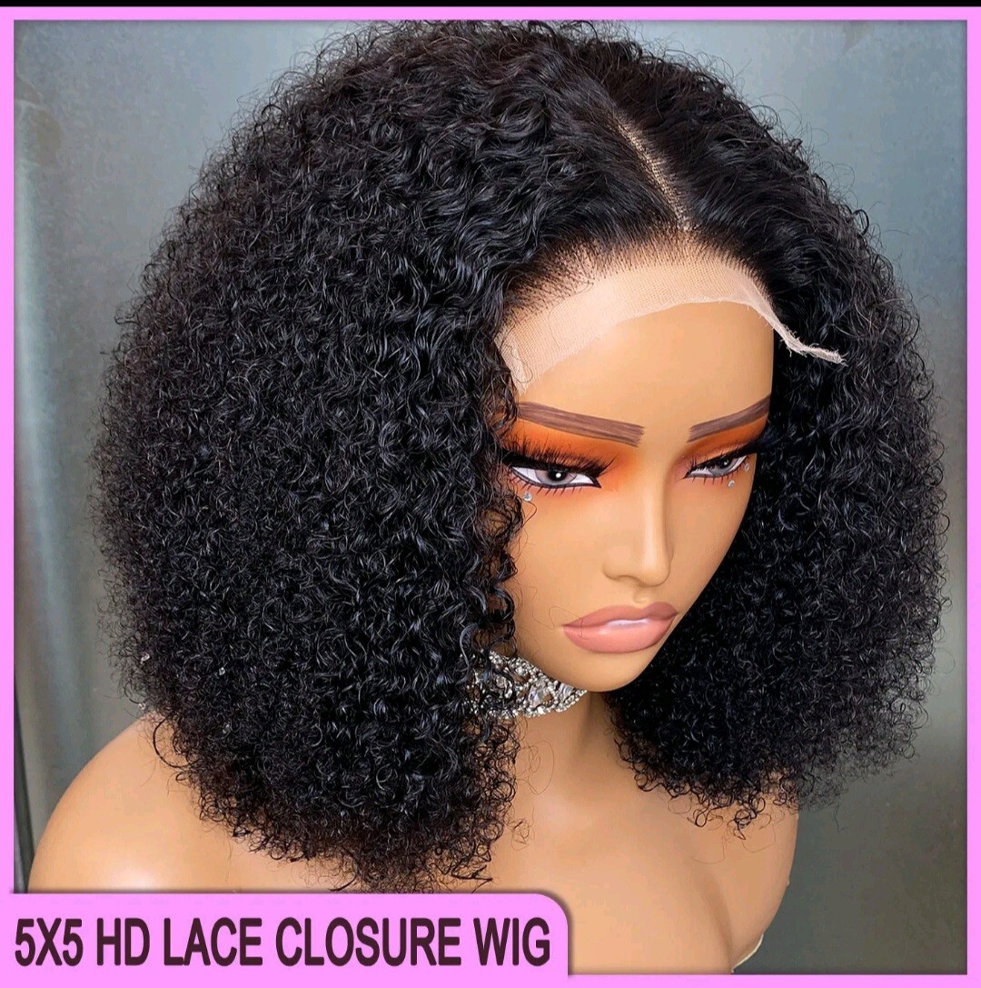 12INCH BRAZILIAN HAIR 5X5 HD LACE WIG AFRO SOFT KINKY BABY CURL 180% DENSITY 1B#