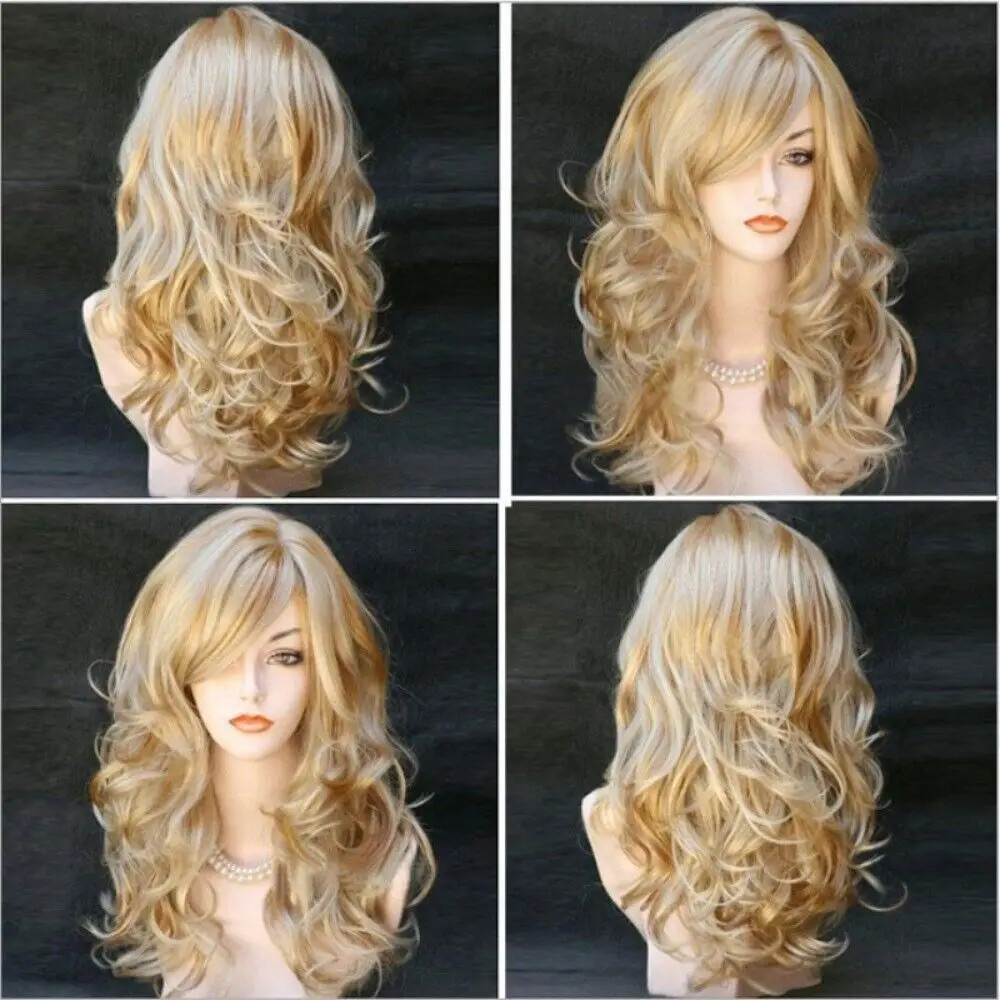 23inch Blonde Wig With Bangs Long Wavy Blonde Curly Wigs for Women Synthetic