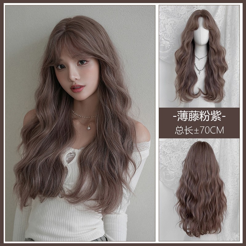 Womens Japanese Korean Style Pink Purple Water Wave Long Curly Wig Realistic