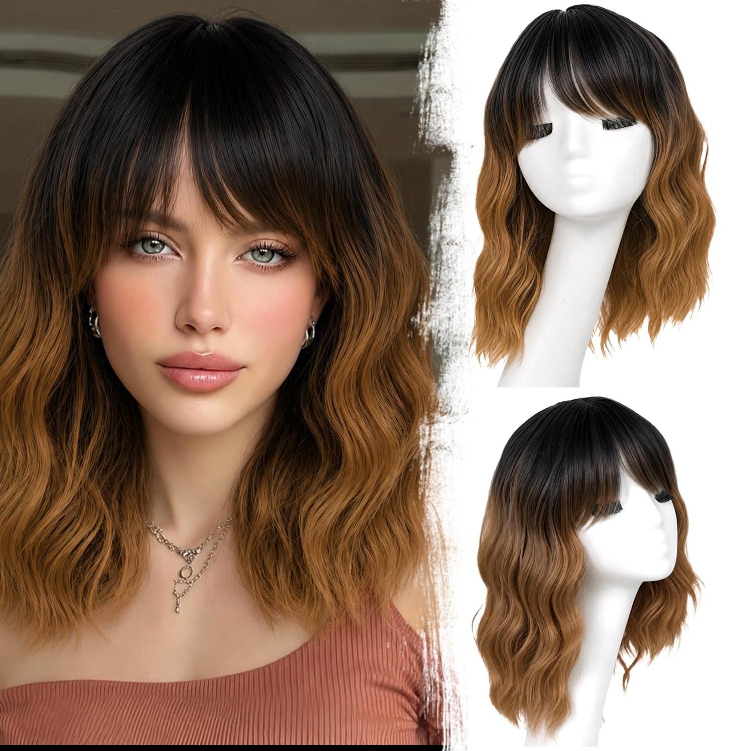 Black Mixed Brown Wig with Bangs Short Wavy Bob Wigs for Women Synthetic 14 Inch