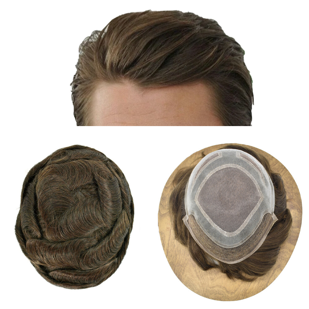 French Lace Front Hairpiece Fine Mono Poly Skin Hair Systems Natural MensToupee
