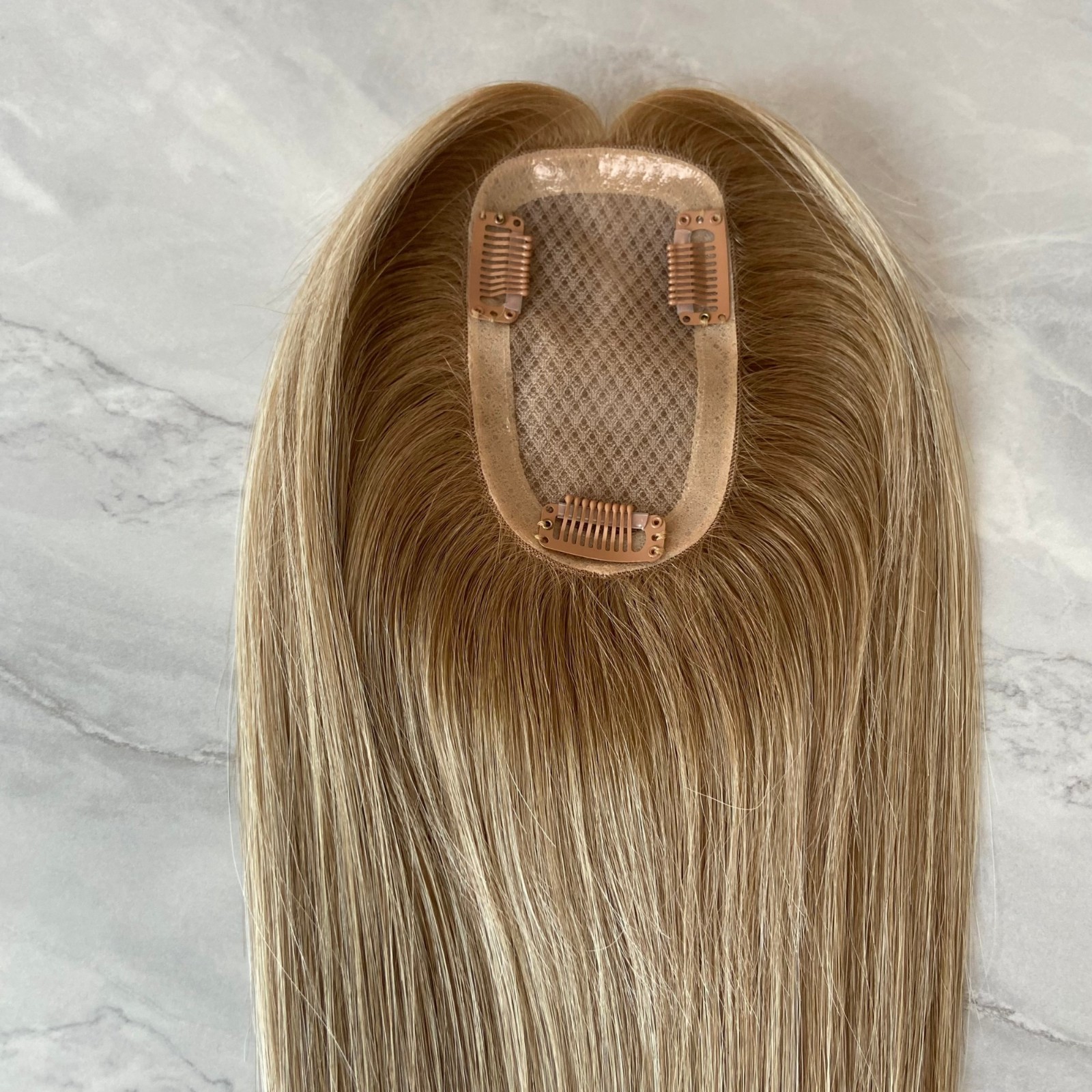 HIGH END 100% HUMAN HAIR 3X5 MONO TOPPER LT BROWN ROOTED HAIRPIECE HIGHLIGHTS