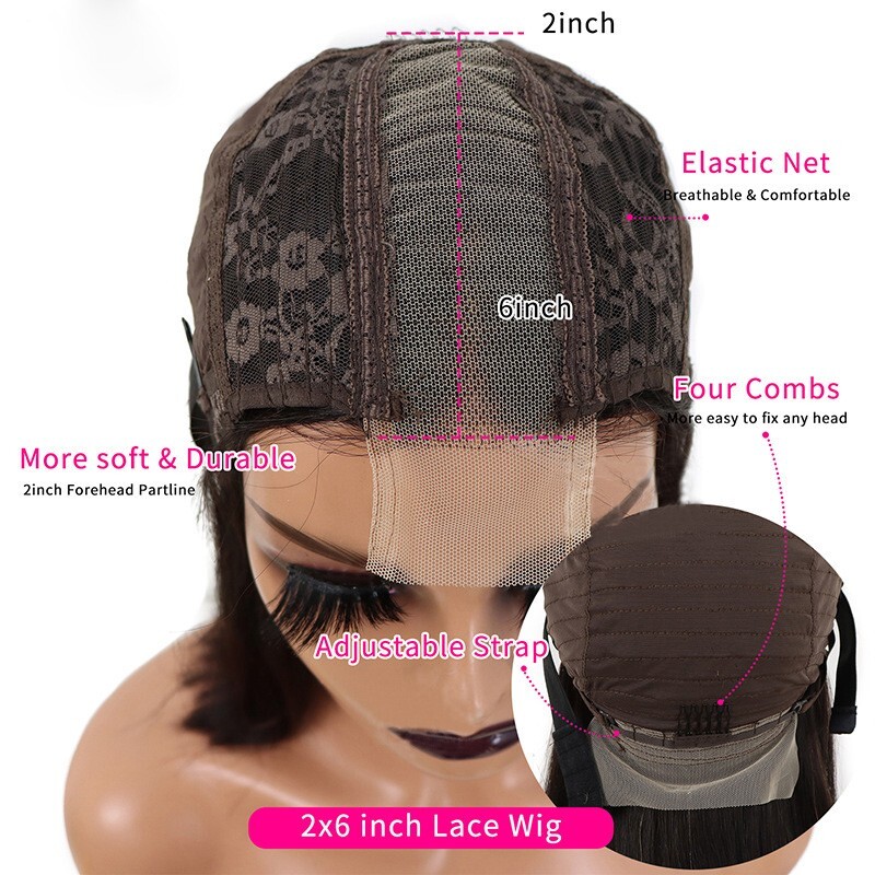 150% Density Brazilian Human Hair 2*6 Lace Closure Bob Wig 10-18inch Middle Part