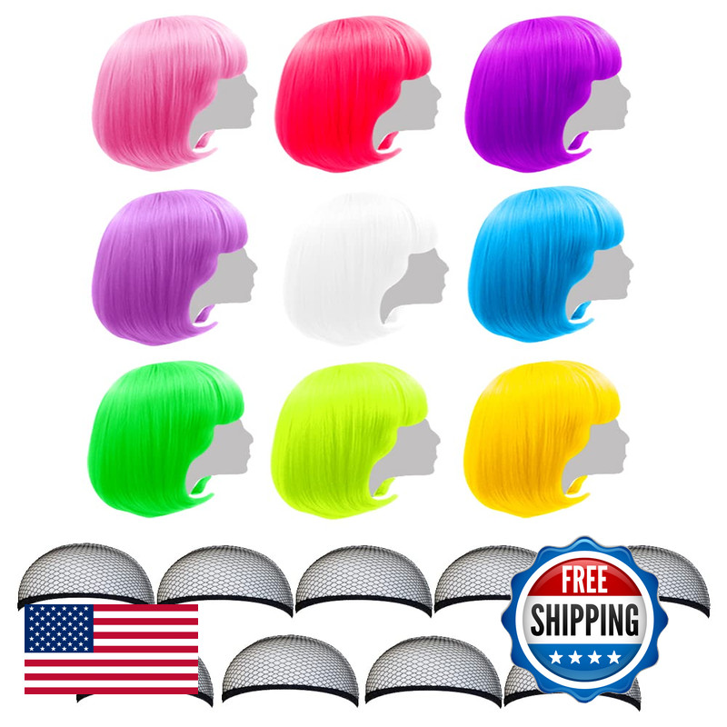 Liuliubty 9 Pieces Short Bob Hair Wigs 12 Straight Flat Bangs Synthetic