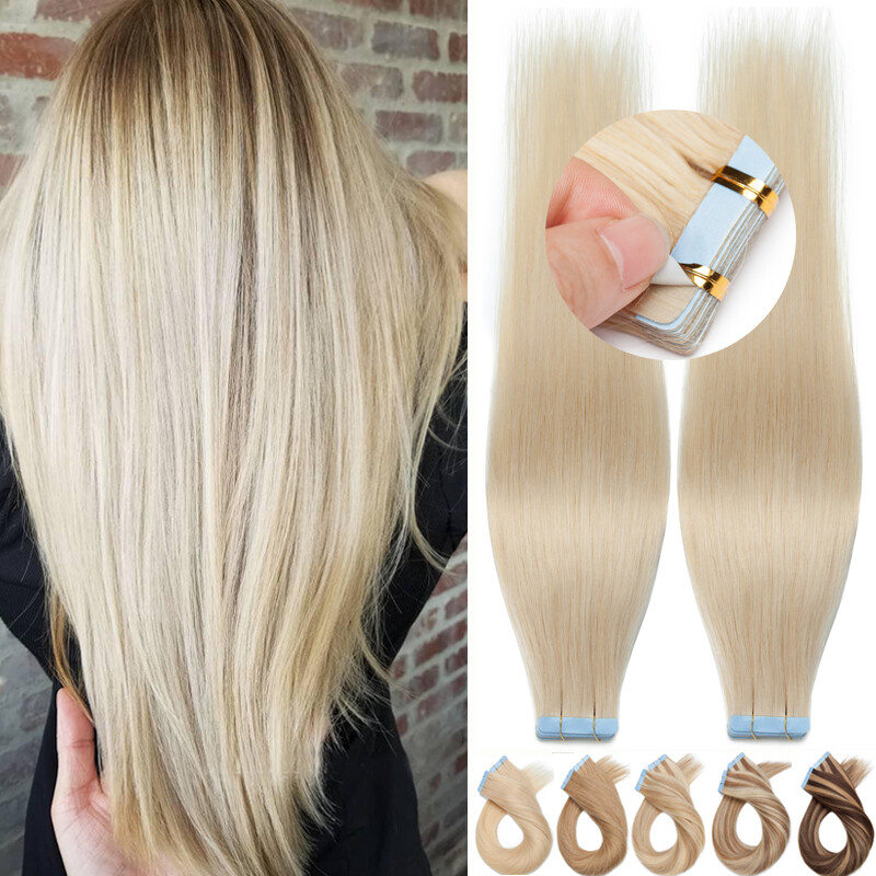 Tape In 100% Real Human Hair Extensions Russian Skin Weft Blonde 18″-24″ Long US